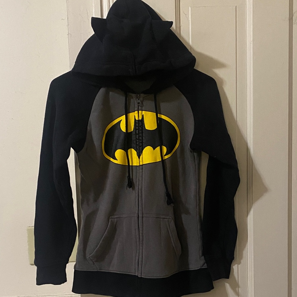 Batman Black and Gray Hoodie with Yellow Emblem and Bat-ear Cowl Hood